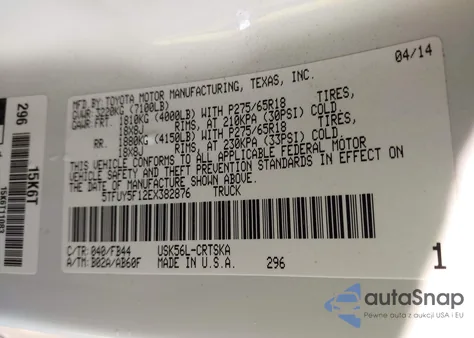 2014 Toyota Tundra Sr5 5.7L V8 from USA, damaged, VIN 5TFUY5F12EX382876